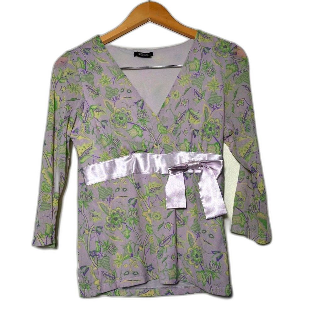 GNW y2k Babydoll Blouse Large Lavender Floral Bow Detail Mesh Empire Waist Fairy
